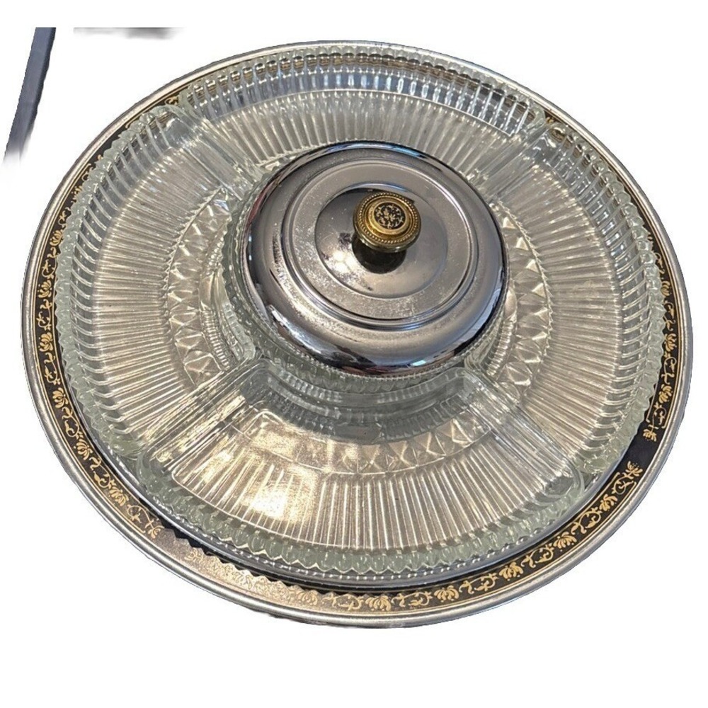 Kromex Chrome Glass Divided Lazy Susan Appetizer Relish Ornate Tray